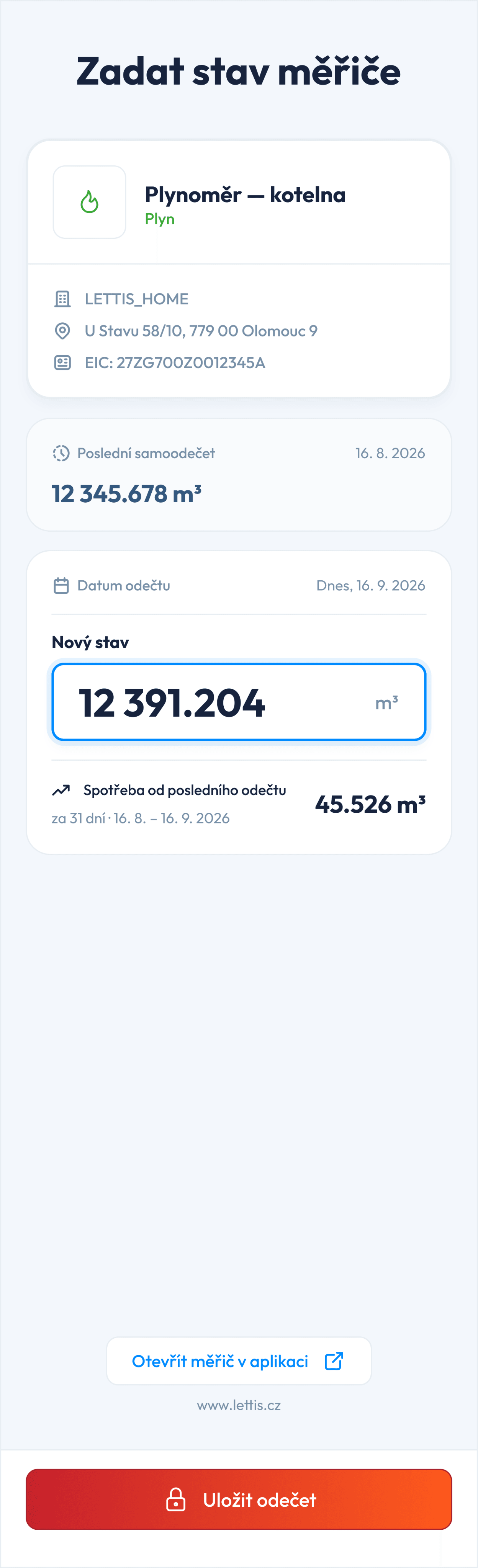Webový formulář v telefonu pro zadání stavu měřiče